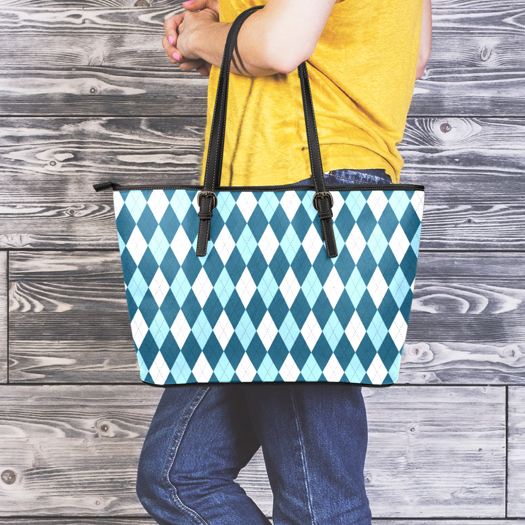 Soft Blue Argyle Pattern Print Leather Tote Bag