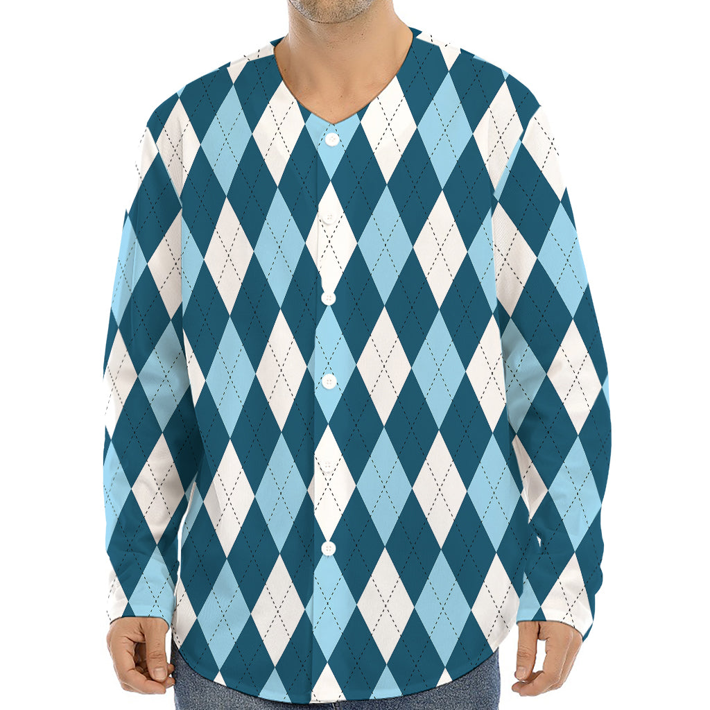 Soft Blue Argyle Pattern Print Long Sleeve Baseball Jersey