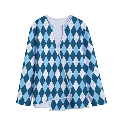 Soft Blue Argyle Pattern Print Long Sleeve Short Coat