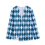 Soft Blue Argyle Pattern Print Long Sleeve Short Coat