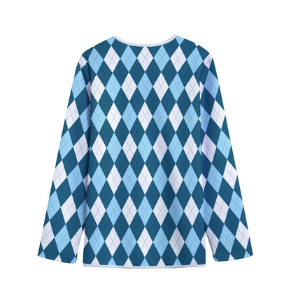 Soft Blue Argyle Pattern Print Long Sleeve Short Coat