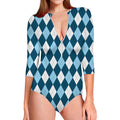 Soft Blue Argyle Pattern Print Long Sleeve Swimsuit