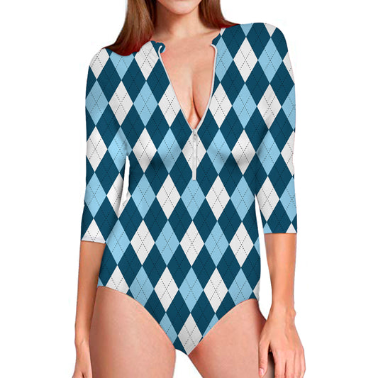 Soft Blue Argyle Pattern Print Long Sleeve Swimsuit