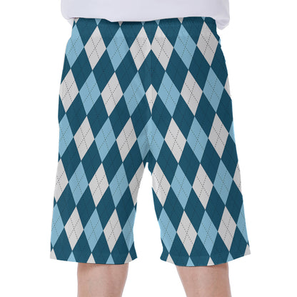 Soft Blue Argyle Pattern Print Men's Beach Shorts