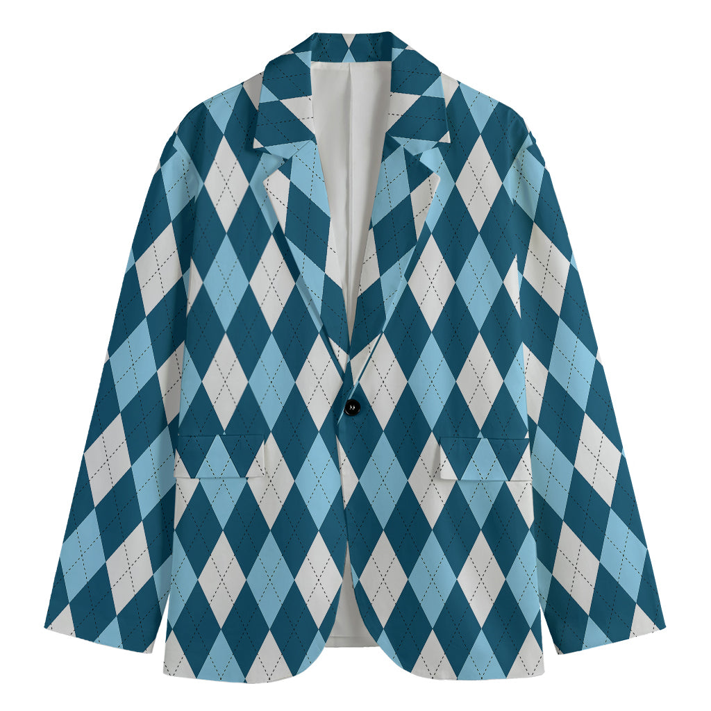Soft Blue Argyle Pattern Print Men's Blazer