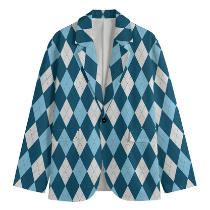 Soft Blue Argyle Pattern Print Men's Blazer