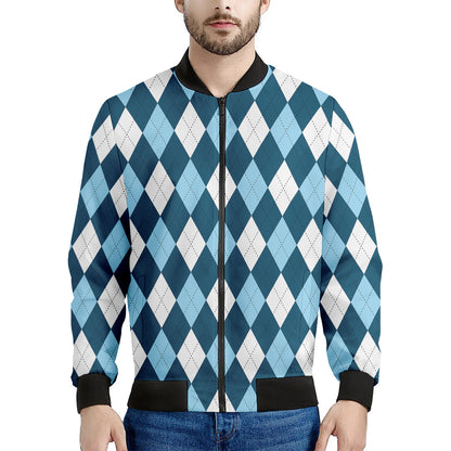 Soft Blue Argyle Pattern Print Men's Bomber Jacket