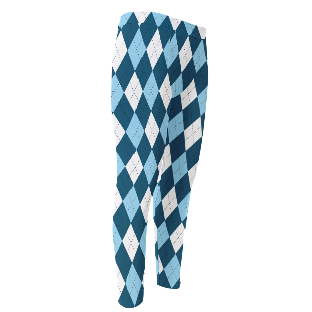 Soft Blue Argyle Pattern Print Men's Compression Pants