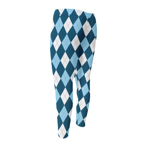 Soft Blue Argyle Pattern Print Men's Compression Pants