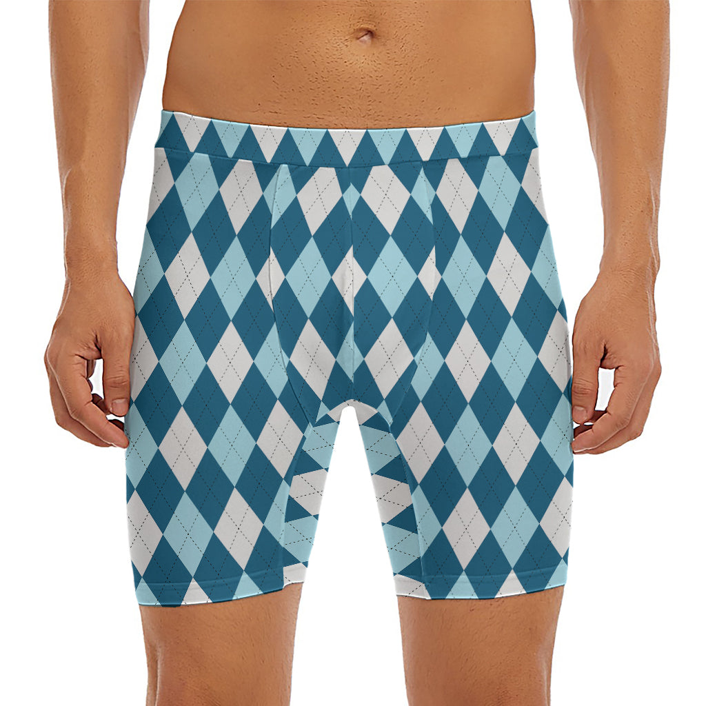 Soft Blue Argyle Pattern Print Men's Long Boxer Briefs