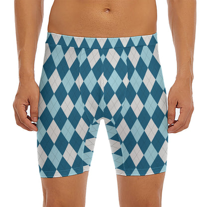 Soft Blue Argyle Pattern Print Men's Long Boxer Briefs