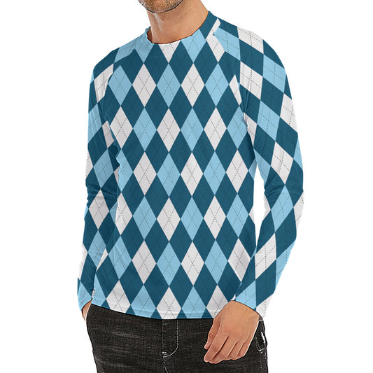 Soft Blue Argyle Pattern Print Men's Long Sleeve Rash Guard