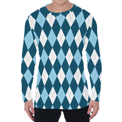 Soft Blue Argyle Pattern Print Men's Long Sleeve T-Shirt