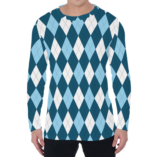 Soft Blue Argyle Pattern Print Men's Long Sleeve T-Shirt