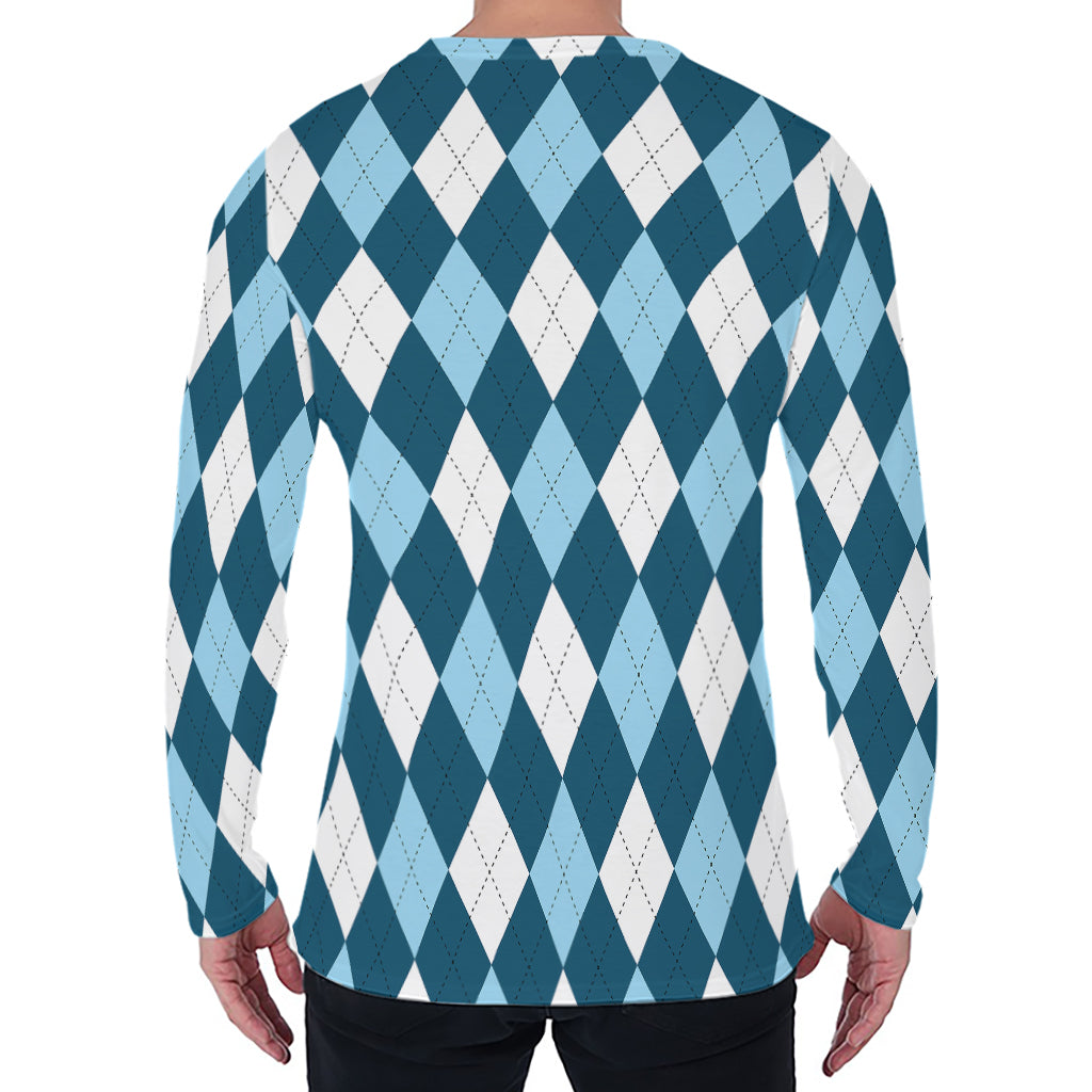 Soft Blue Argyle Pattern Print Men's Long Sleeve T-Shirt