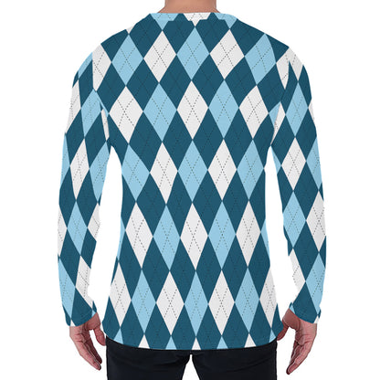 Soft Blue Argyle Pattern Print Men's Long Sleeve T-Shirt