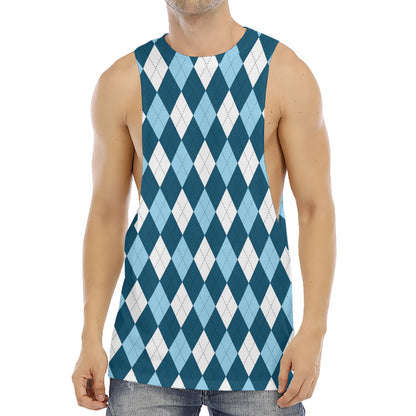 Soft Blue Argyle Pattern Print Men's Muscle Tank Top