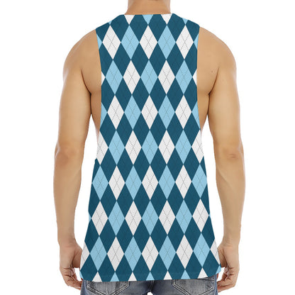 Soft Blue Argyle Pattern Print Men's Muscle Tank Top