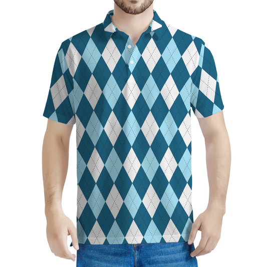 Soft Blue Argyle Pattern Print Men's Polo Shirt