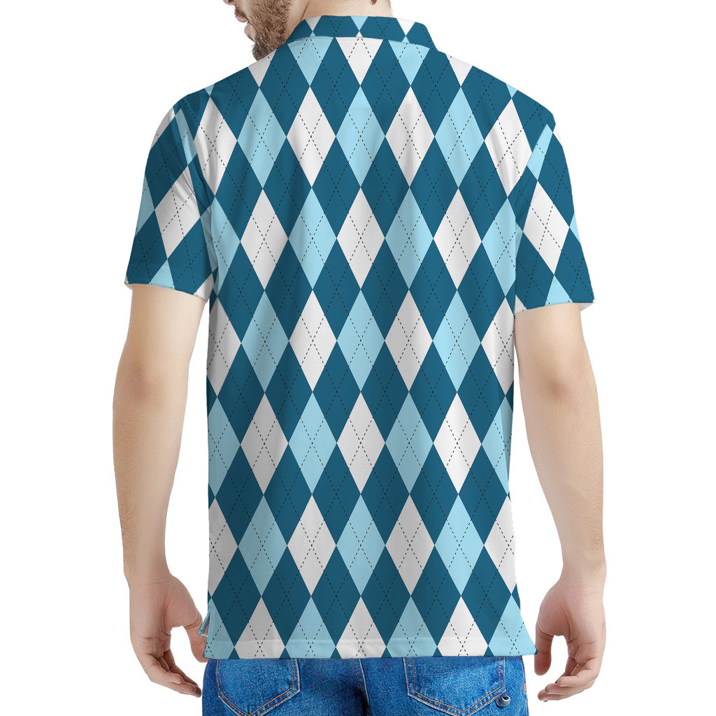 Soft Blue Argyle Pattern Print Men's Polo Shirt