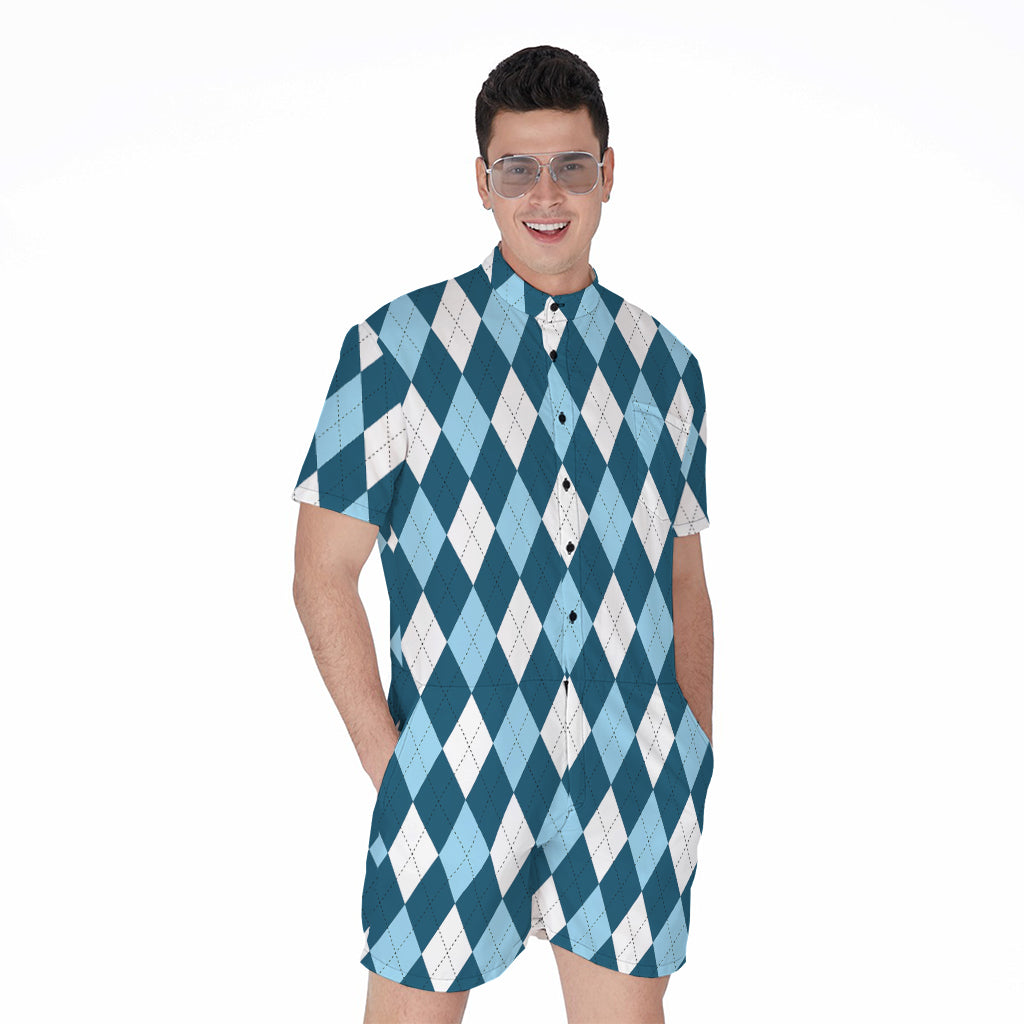Soft Blue Argyle Pattern Print Men's Rompers
