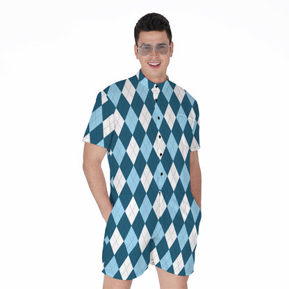 Soft Blue Argyle Pattern Print Men's Rompers