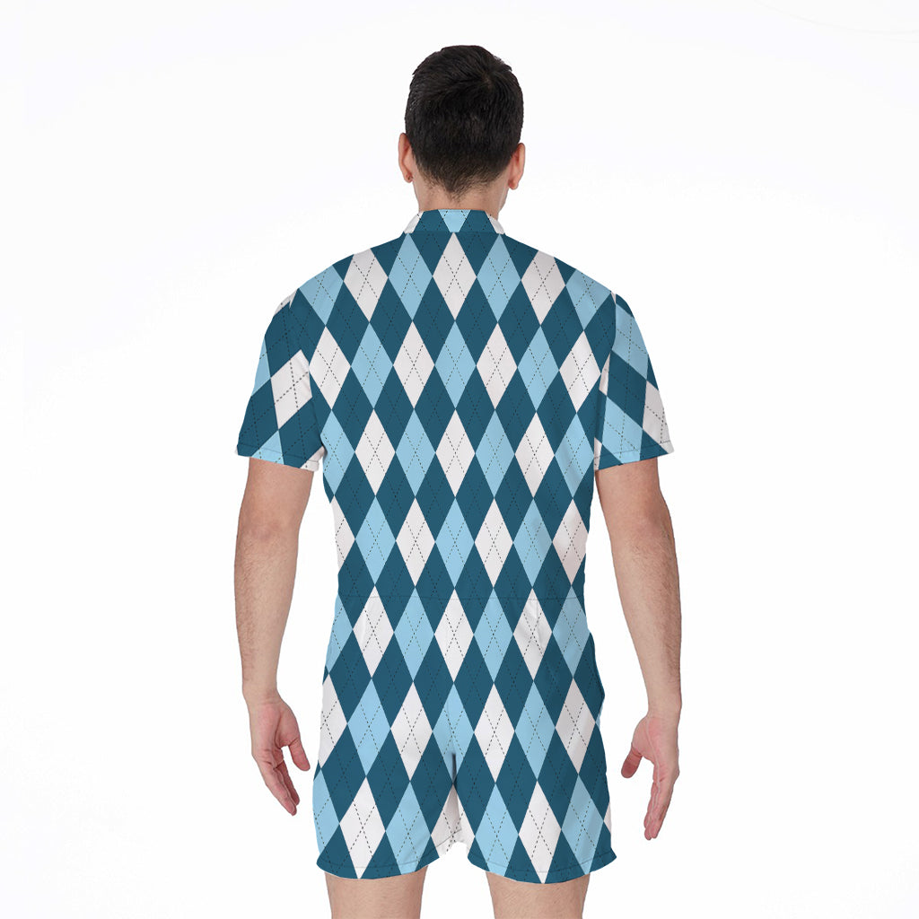 Soft Blue Argyle Pattern Print Men's Rompers
