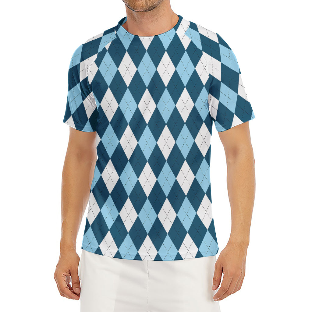 Soft Blue Argyle Pattern Print Men's Short Sleeve Rash Guard