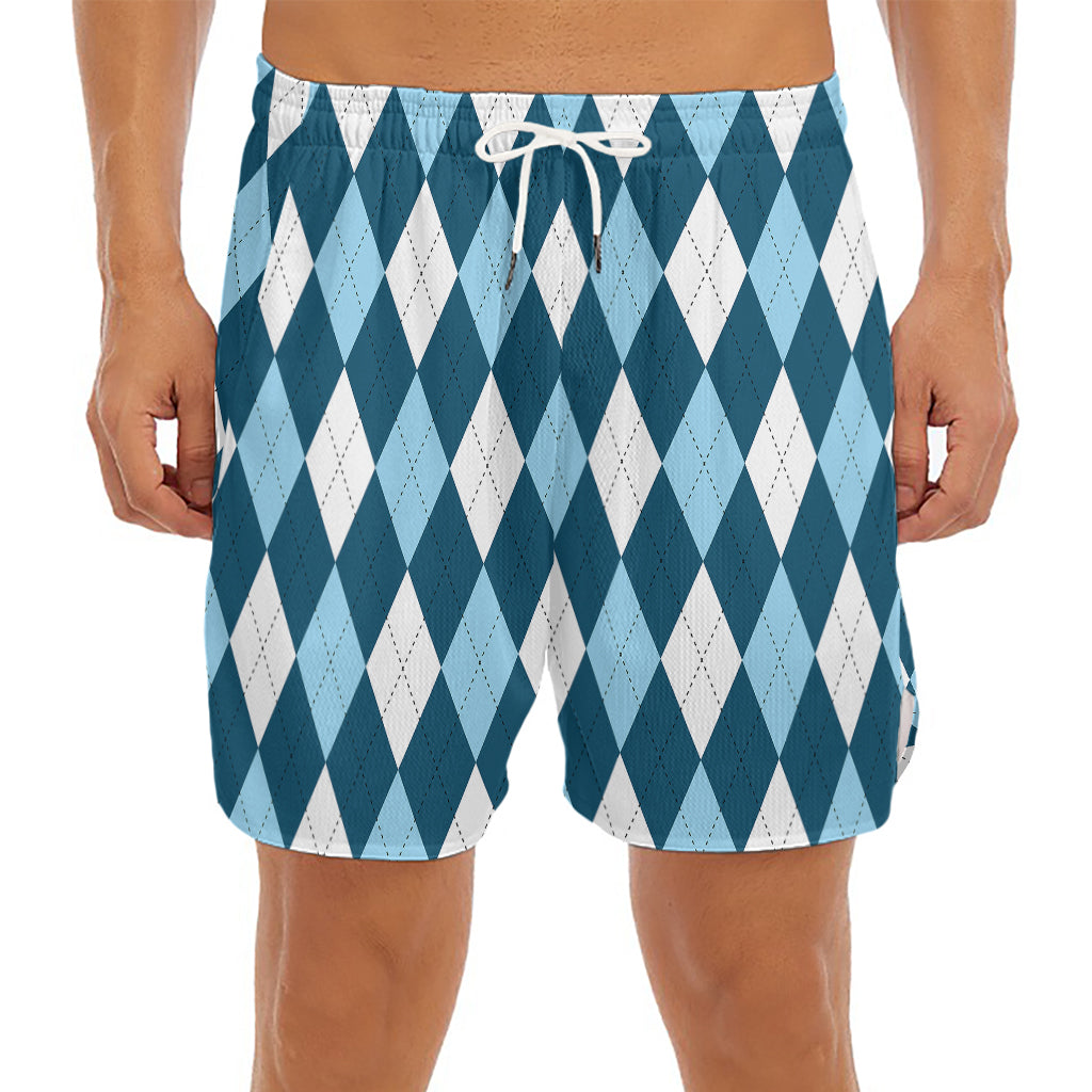 Soft Blue Argyle Pattern Print Men's Split Running Shorts