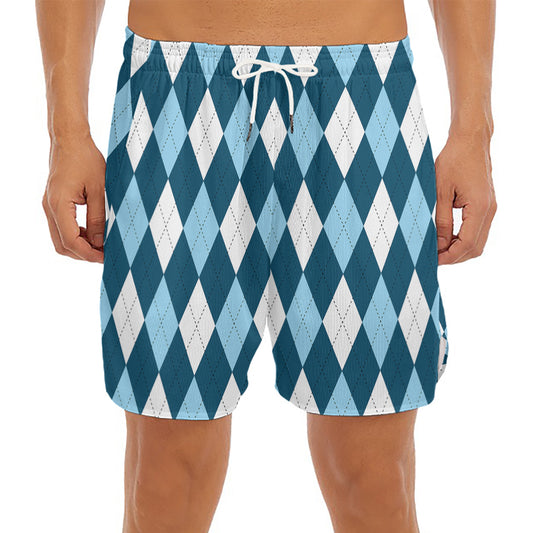 Soft Blue Argyle Pattern Print Men's Split Running Shorts