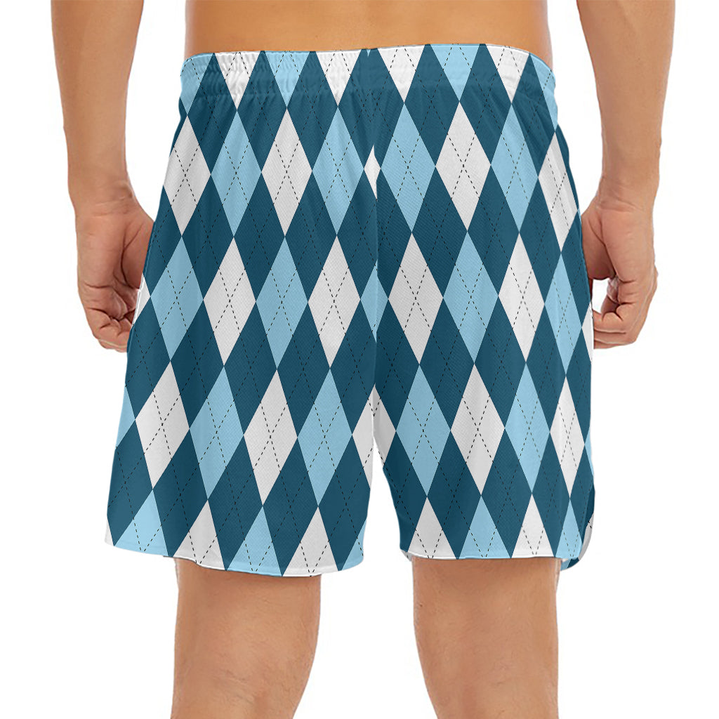 Soft Blue Argyle Pattern Print Men's Split Running Shorts