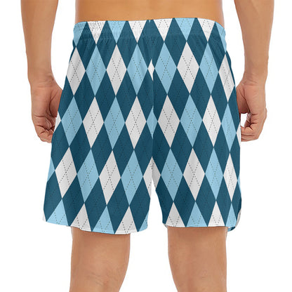 Soft Blue Argyle Pattern Print Men's Split Running Shorts