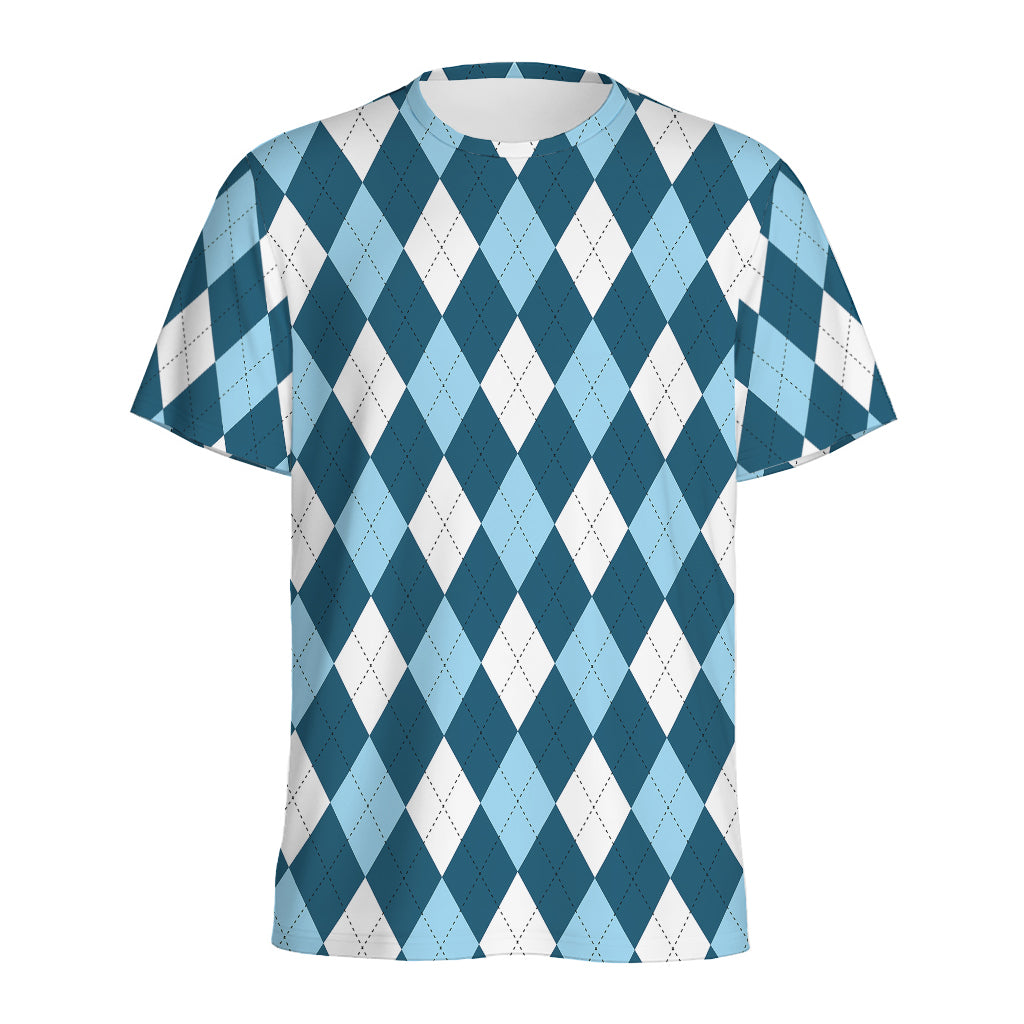 Soft Blue Argyle Pattern Print Men's Sports T-Shirt