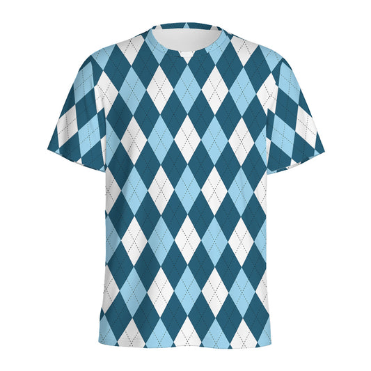 Soft Blue Argyle Pattern Print Men's Sports T-Shirt