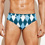 Soft Blue Argyle Pattern Print Men's Swim Briefs