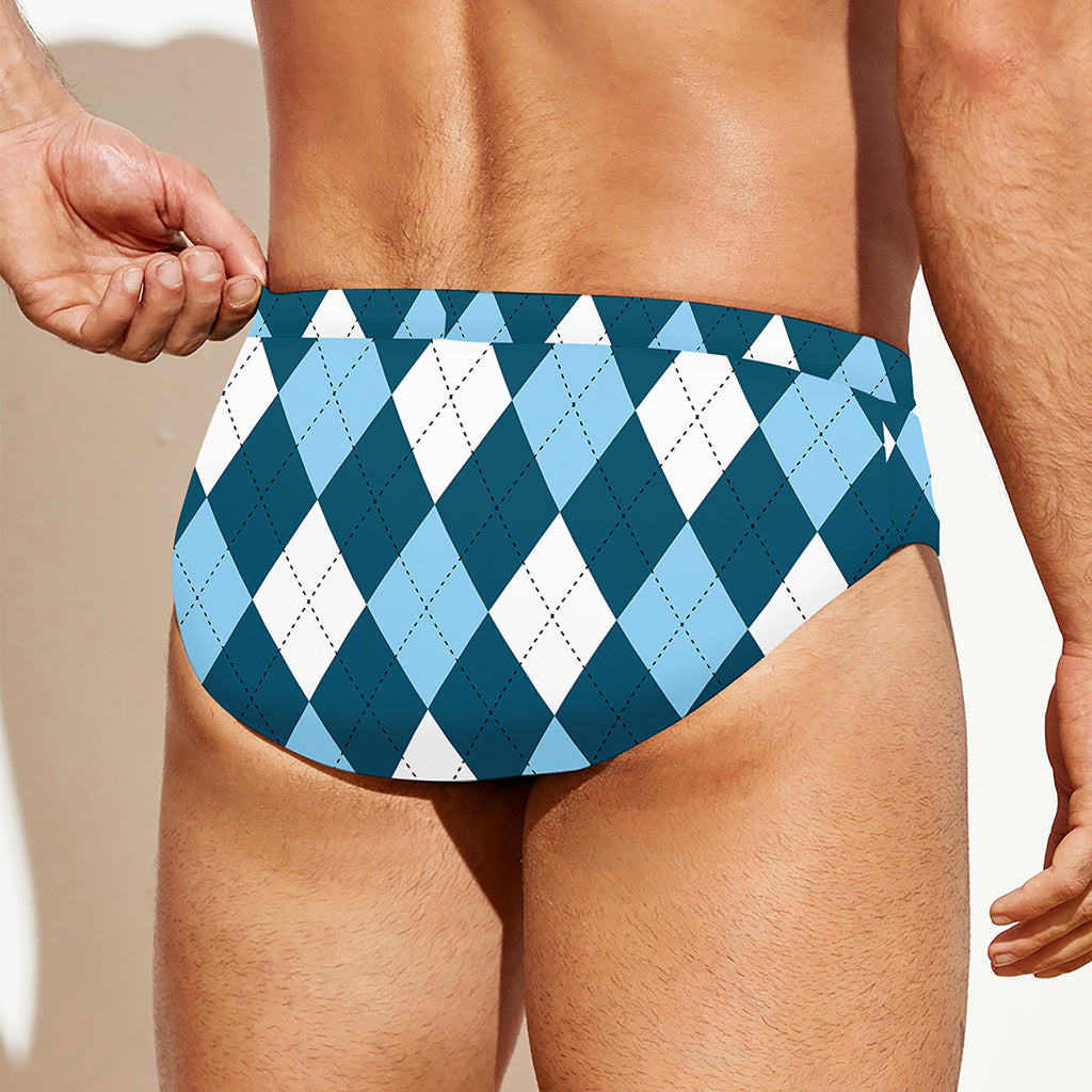 Soft Blue Argyle Pattern Print Men's Swim Briefs