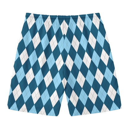 Soft Blue Argyle Pattern Print Men's Swim Trunks