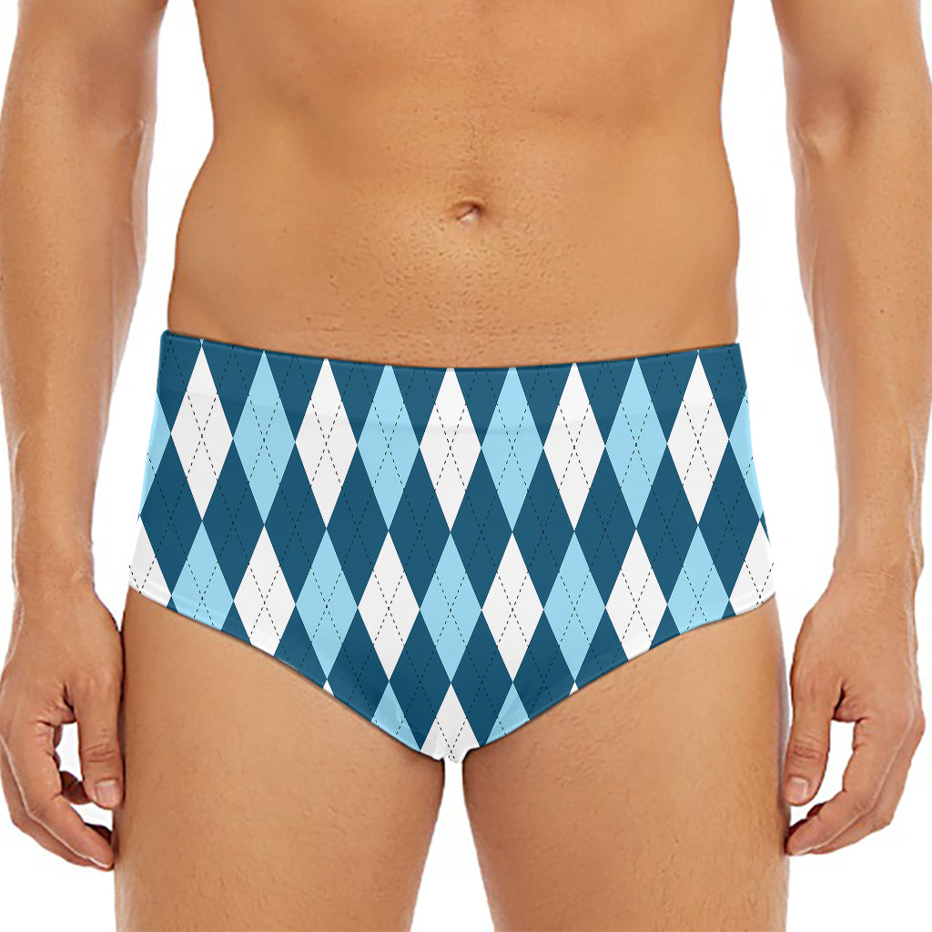 Soft Blue Argyle Pattern Print Men's Triangle Swim Briefs