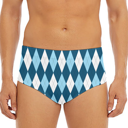 Soft Blue Argyle Pattern Print Men's Triangle Swim Briefs