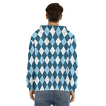 Soft Blue Argyle Pattern Print Men's Velvet Pullover Hoodie