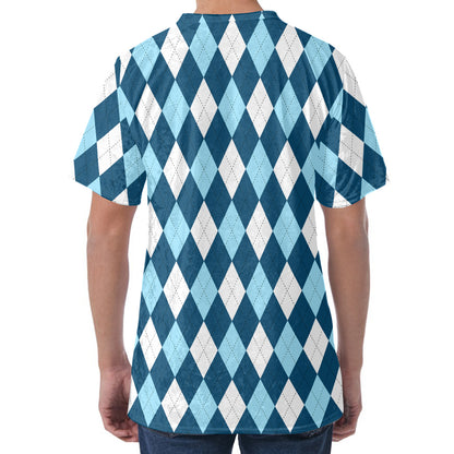 Soft Blue Argyle Pattern Print Men's Velvet T-Shirt