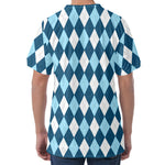 Soft Blue Argyle Pattern Print Men's Velvet T-Shirt