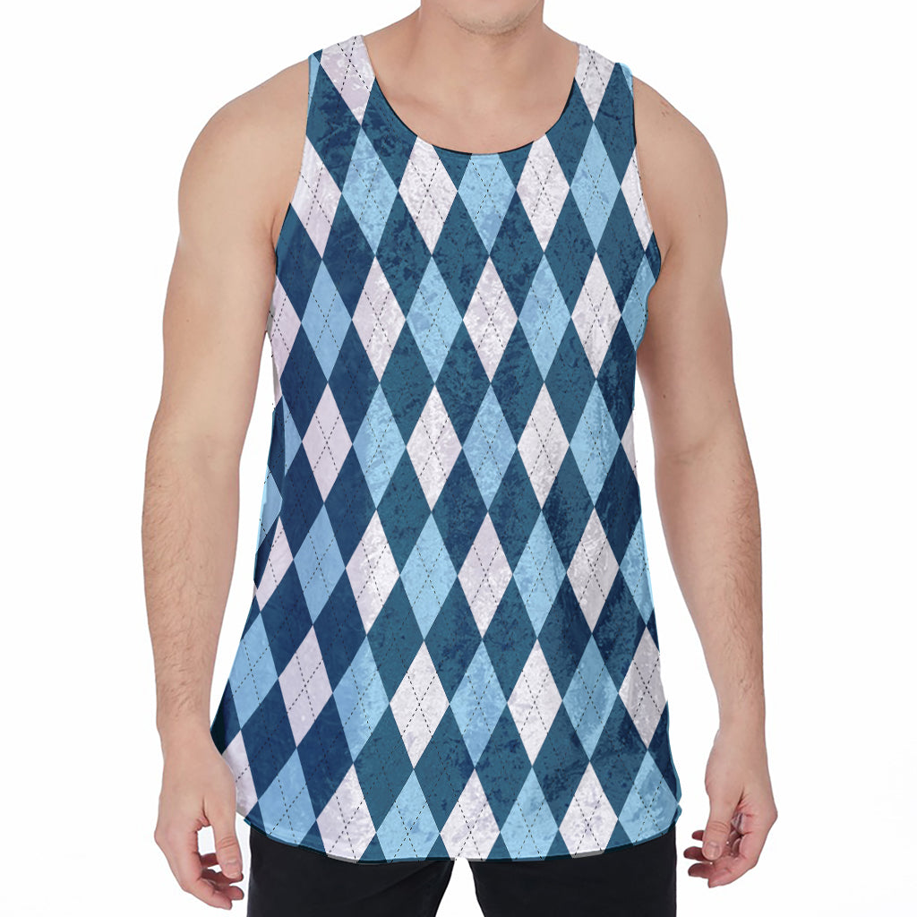 Soft Blue Argyle Pattern Print Men's Velvet Tank Top