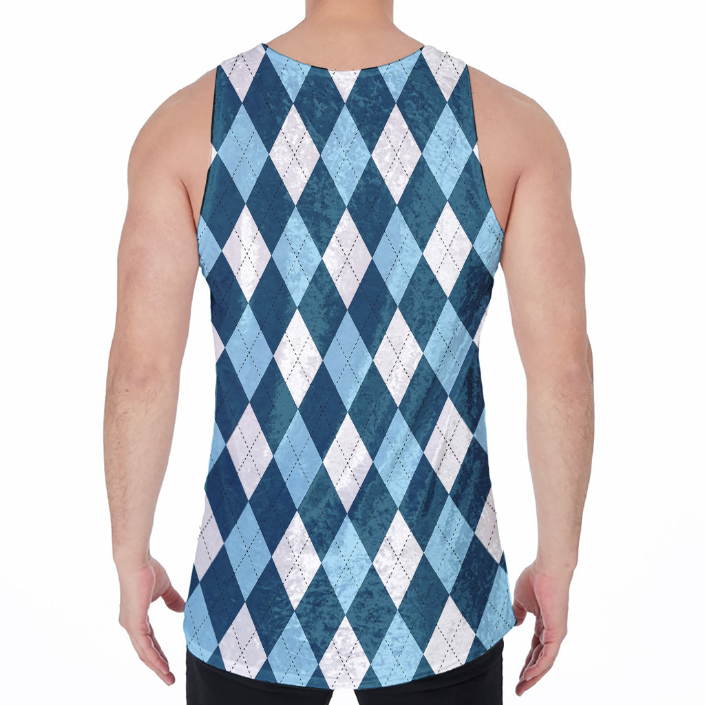 Soft Blue Argyle Pattern Print Men's Velvet Tank Top