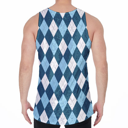 Soft Blue Argyle Pattern Print Men's Velvet Tank Top