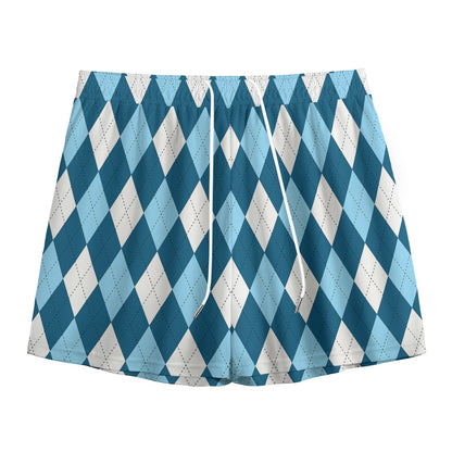 Soft Blue Argyle Pattern Print Mesh Shorts
