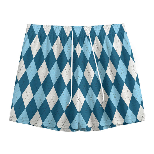 Soft Blue Argyle Pattern Print Mesh Shorts