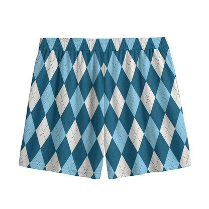 Soft Blue Argyle Pattern Print Mesh Shorts