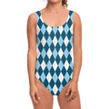 Soft Blue Argyle Pattern Print One Piece Swimsuit