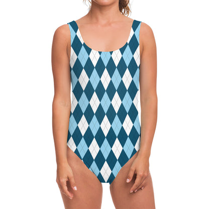 Soft Blue Argyle Pattern Print One Piece Swimsuit